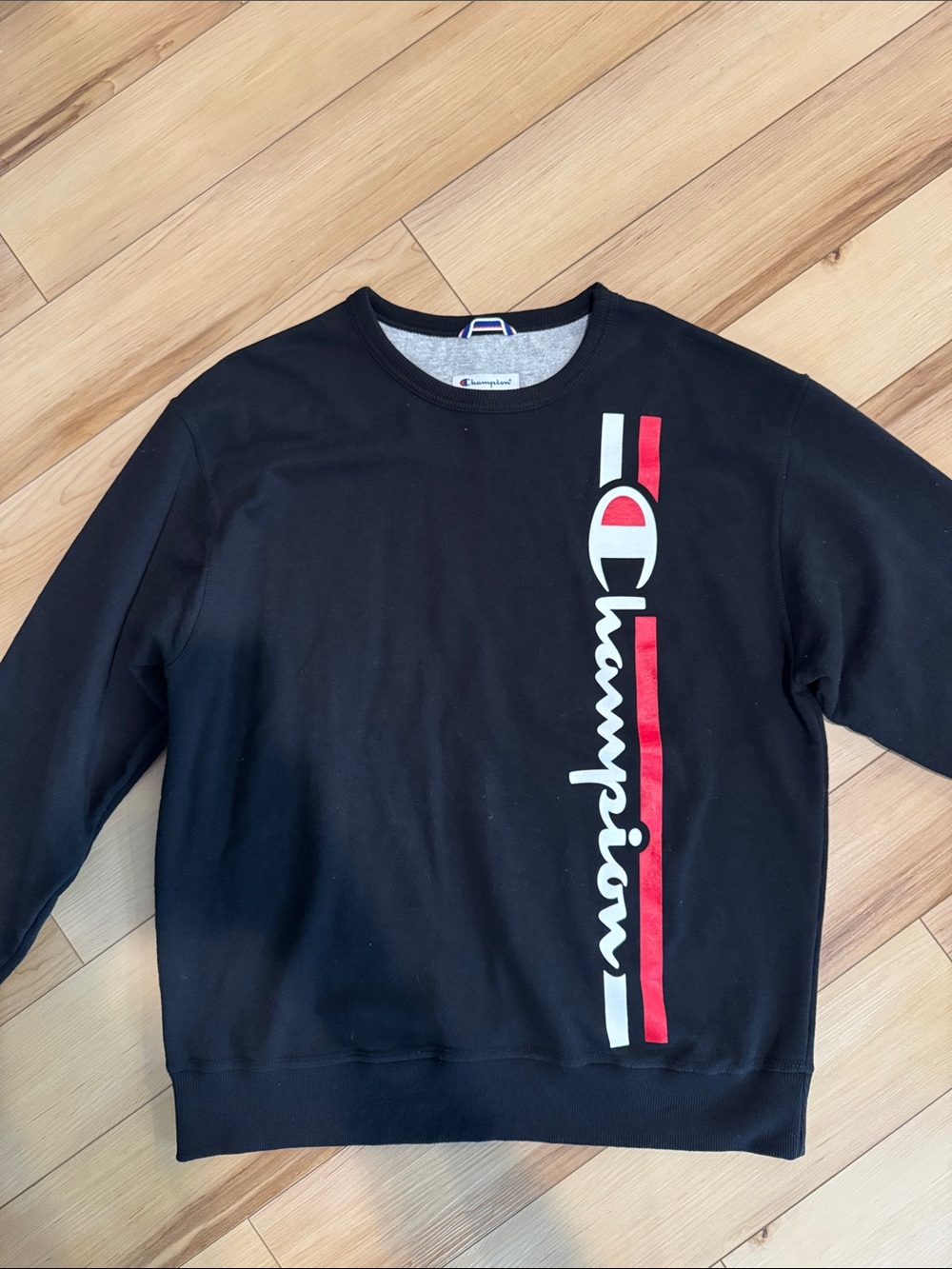 Champion Black Crewneck Sweatshirt with Red & White Vertical Logo